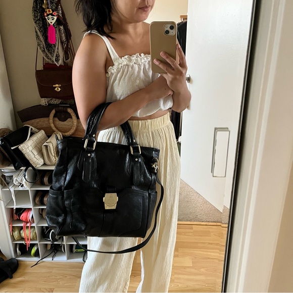 Mark Cross Genuine Black Leather Satchel Tote Bag Purse Cross Body Gold HW - Picture 2 of 15